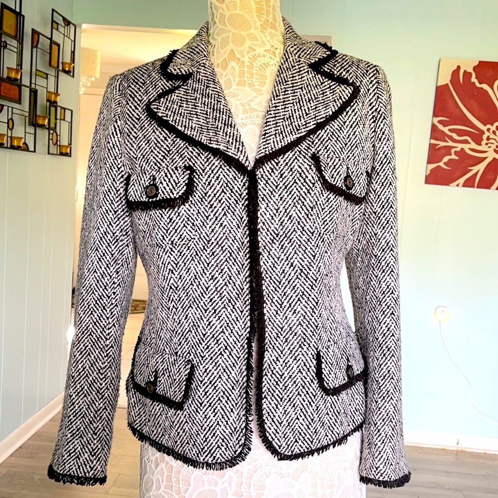 Pursuits, ltd black white herringbone blazer jacket